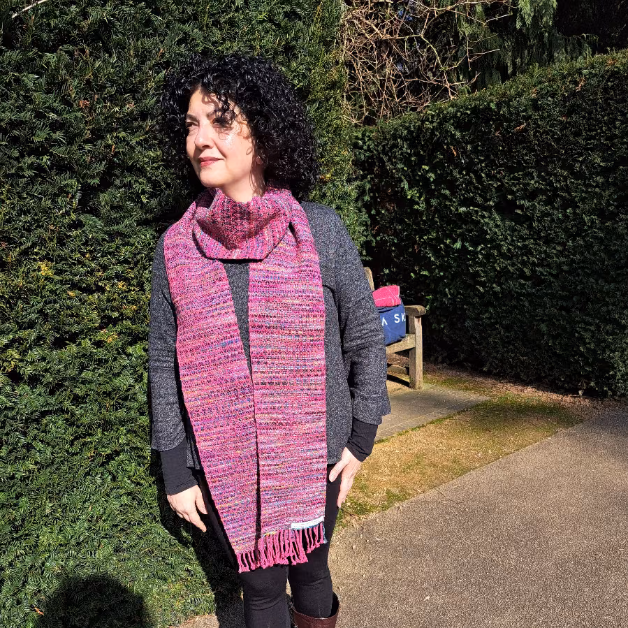 Lady modelling Pink Diamond Scarf