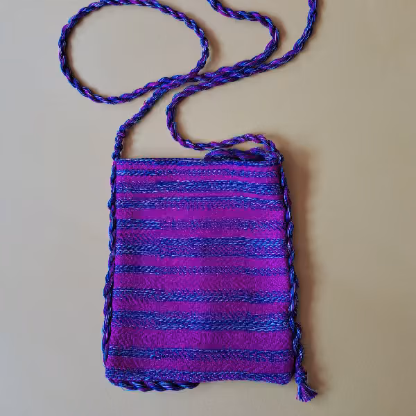 Small pouch striped in purple and blue, with a long plaited shoulder cord