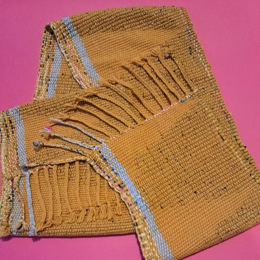 Mustard gold scarf flecked with colour and edged with pale blue stripes